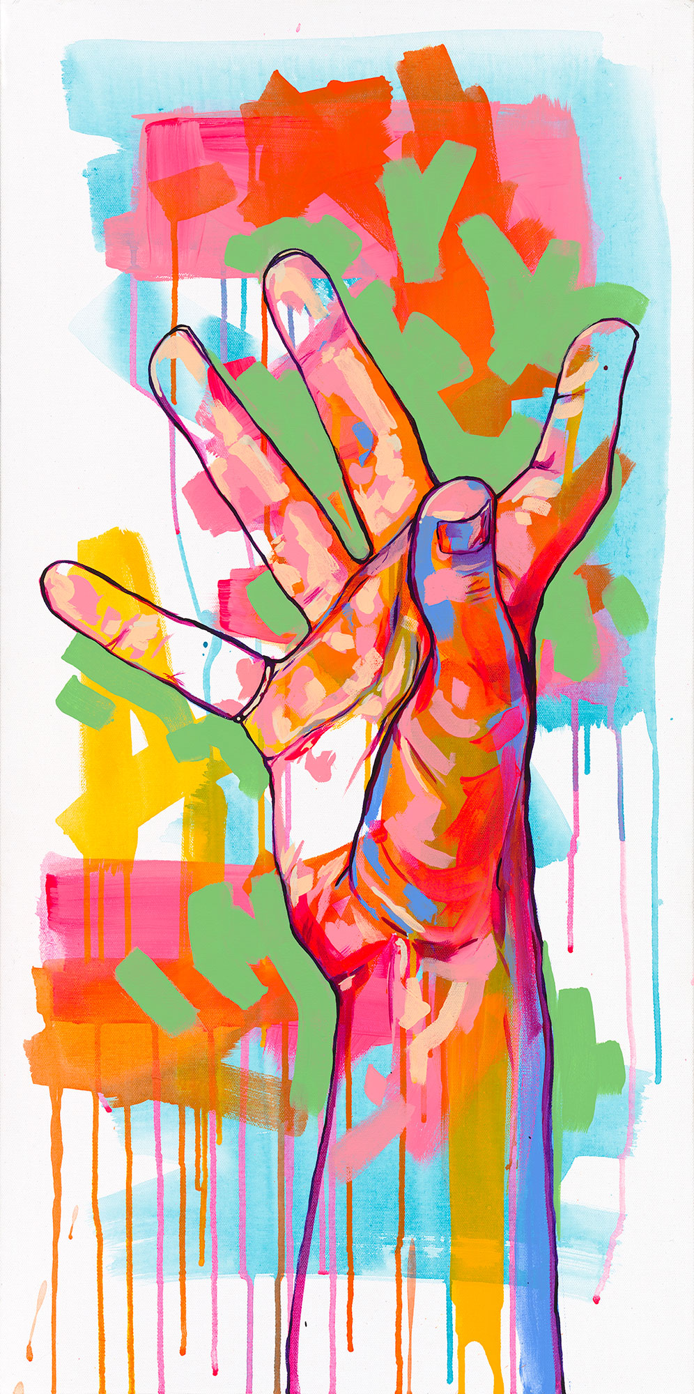 Colorful abstract painting of a hand with splashes of red, green, orange, and blue on a white background. Made by The Tracy Piper